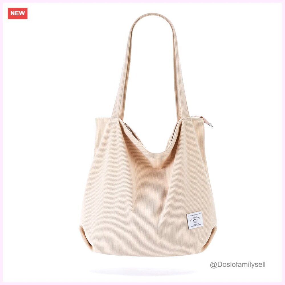 Large Corduroy Tote Bag with Zipper, Pockets, Foldable Shoulder Bag